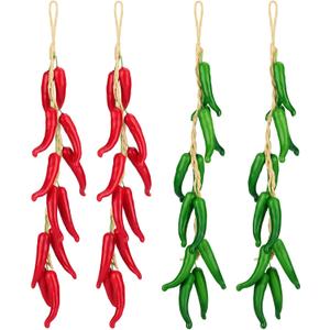 4 Pcs Artificial Chili Peppers on a String Wall Hanging Decorations Lifelike Foam Hot Chili Pepper Red & Green Fake Simulation Vegetable Fruit Garland Vine for Mexican Fiesta Party Home Kitchen Decor