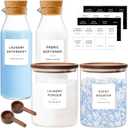 Glass Laundry Storage Containers Set, 3 Pack Liquid Detergent Dispenser with Cork Lid & Laundry Room Organization Jar with Acacia Lid, Fabric Softener Dispenser Bottles and Powder Detergent Organizer INCOMPLETE SET