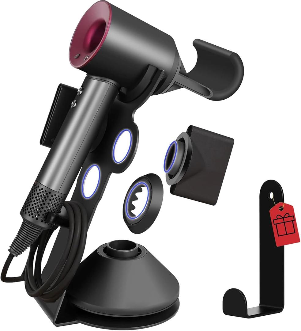Hair Dryer Holder for Dyson Supersonic,Pure Cast Iron Magnetic Stand Holder with Power Plug Cable Organizer(Suit for Laifen), Over 50% Thicker Base for Enhanced Stability,4 Magnet Ring for