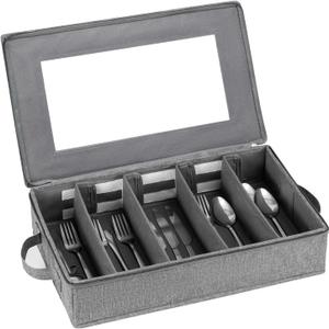 Flatware Utensil Storage Case, Silverware Storage Box Chest with Adjustable Dividers, Cutlery Storage Holder with Zipper Lid for Organizing Cutlery, Flatware, Knives, Large Capacity Gray (1 PACK)