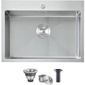 VCCUCINE 22x18 Inch Drop in Kitchen Sink,16 Gauge Topmount RV Small Kitchen Bar Sink, Handmade Stainless Steel Wet Bar Sink, Outdoor Single Bowl, Brushed Nickel Prep Sink with Strainer