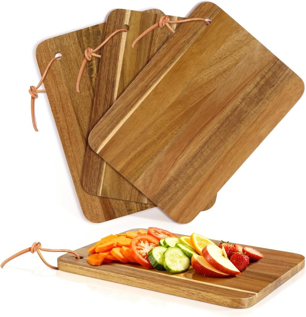 Acacia Wood Cutting Board Set of 3, Small Wooden Charcuterie Boards, 9.8x7.1x0.4 Inch Lightweight Chopping Boards with Hanging Rope for Kitchen Camping, Serving Boards for Fruit Cheese Sandwich Lemon
