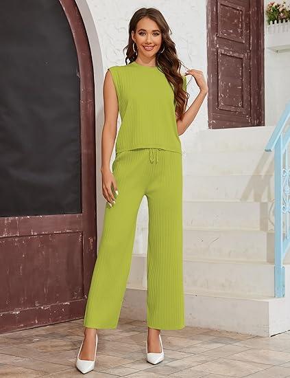 TIQOJE Womens 2 Piece Outfits Sweater Set Sleeveless Knit Pullover Top High Waisted Pants Tracksuits(Green-S)