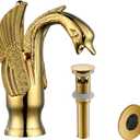 BWE Swan Faucet Gold Matching Pop Up Drain with Overflow Stopper Supply Line and Overflow Cover Single Handle Single Hole Bathroom Sink Faucet Lavatory Basin Vanity Mixer Tap