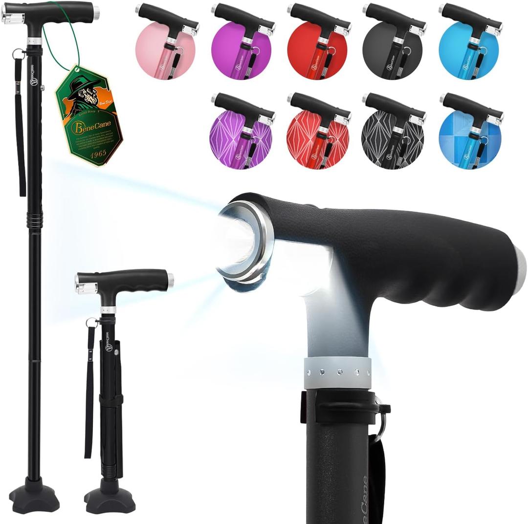BeneCane Walking Cane for Women Folding Cane for Men with Two Led Lights Quad Cane with Stable Base Lightweight and Adjustable Walking Stick (Black)