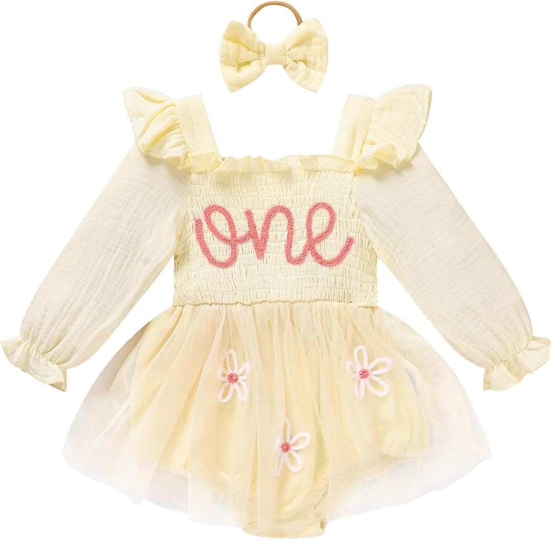 Baby Girl 1st Birthday Clothes One Year Old Tulle Romper Long Sleeve Bodysuit Cake Smash Outfits (12-18 Months, Apricot)