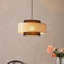 LIGHTLAND Rattan Farmhouse Pendant Light Fixture, Hand Woven Dining Room Pendant Light with Fabric Shade, Rustic Pendant Hanging Light Fixture for Kitchen Island Rattan Pendant Lighting 20''