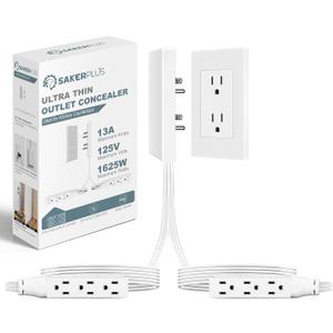 SakerPlus Outlet Concealer Power Strip-Outlet Cover Extender with 3AC Outlets-5ft Flat Plug Extension Cord,Universal Size,1625W for Kitchen, Home and Office,Child & Pet Safe(Dual 5 Foot)