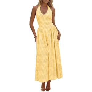 Wenrine Womens Halter V Neck Corset Maxi Dresses Summer Plaid Smocked Tie Back Backless Wedding Guest Drop Waist Dress (Yellow, L)
