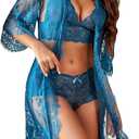 Avidlove Women Sexy Lingerie Set 3 Piece Bra and Panty Sets with Lace Kimono Robe Sleepwear Mesh Nightgown (Medium, Peacock Blue)