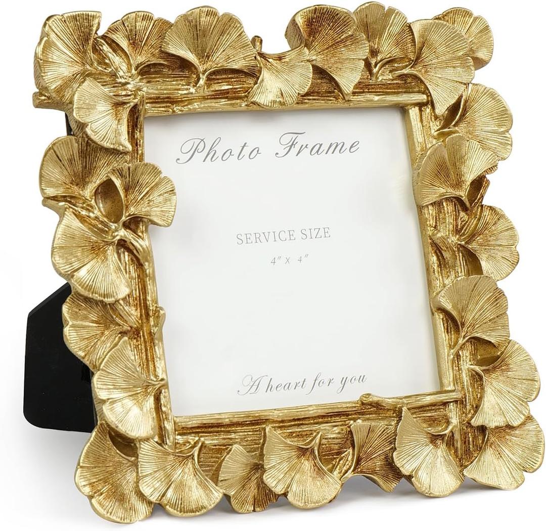 Cuspin 4x4 Frame Small Picture Frames, Gold Vintage Ornate Leaf Textured Hand-Crafted Resin with Glass Front, Antique Photo Frame for Tabletop Display, Retro Design Home Decor