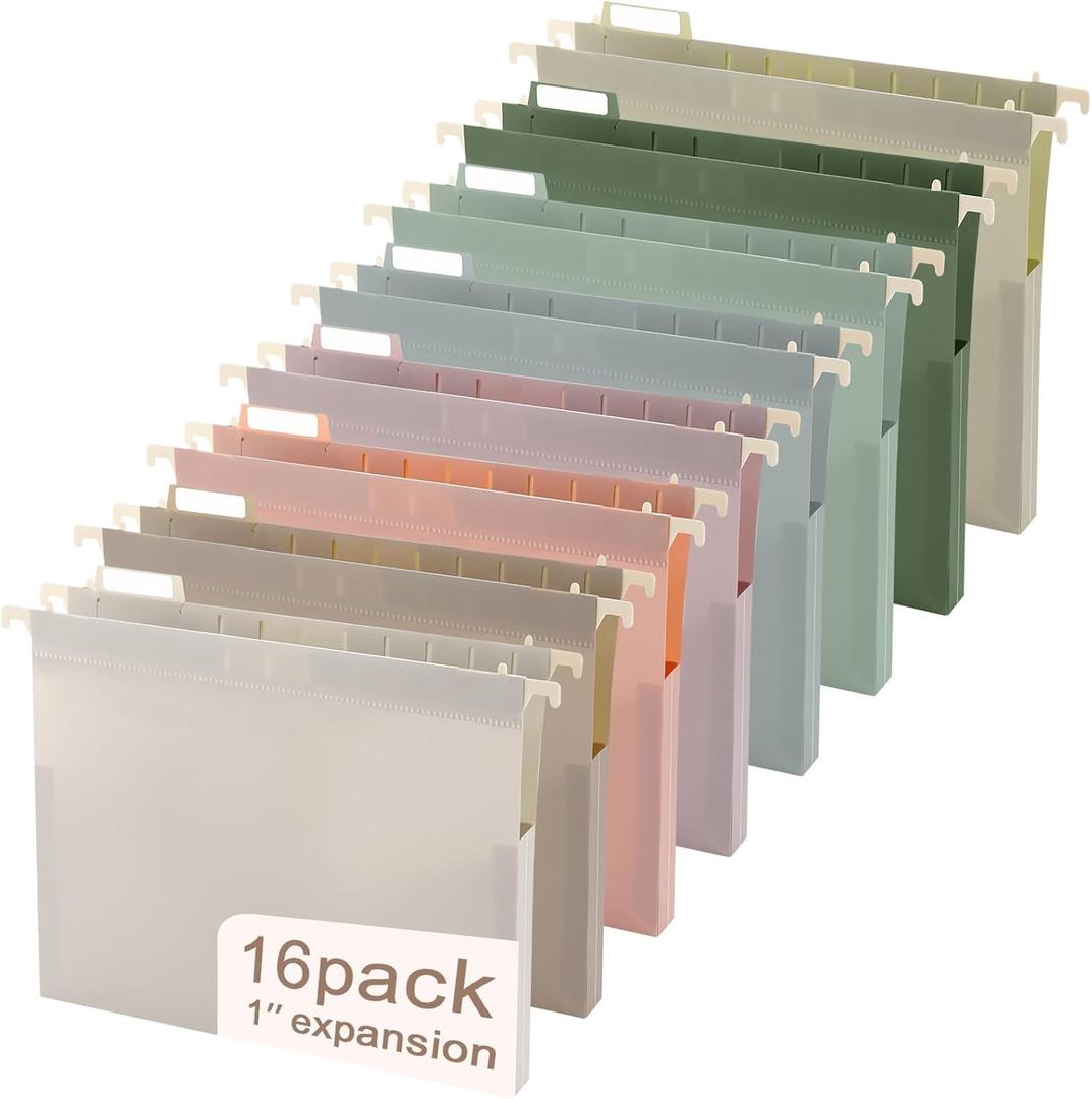 Gisgfim 16 Pack Plastic Hanging File Folder Letter Size 1 Inch Expanding File Folders with Tabs Extra Capacity Hang Folders Heavy Duty for Filing Cabinet Designed for Bulky Files Morandi Colors