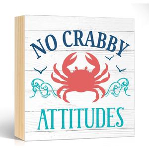 No Crabby Attitudes Wooden Box Sign, Inspirational Phrase Decorative Plaque for Home Kitchen Bathroom Bar Caf, Beach Theme Desk Plaque, Housewarming Gifts for Friend Coworker (White 2)
