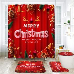 ArtSocket Christmas Bathroom Set with Shower Curtain and Rugs Accessories, Christmas Tree Red Pine Bells Shower Curtain, Winter Bathroom Decor 4 Pcs
