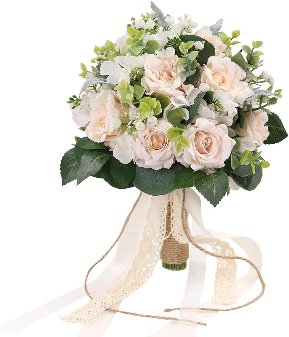 Zheart Wedding Bouquets for Bride Bridesmaid - 10" White Champagne Bridal Bouquet Artificial Roses for Wedding Church Decoration (10 inches)