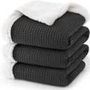 PHF Waffle Sherpa Blanket Queen Size, 90x90 Inches Luxury Plush Flannel Fleece Blanket for Winter, No Shed No Pilling, Cozy Soft & Reversible Waffle Weave Bedding for Home Decor, Black