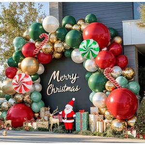 Christmas Balloon Arch Kit, Double Stuffed Red Green White Pearl Balloon Garland Sage Green Red Gold Balloons With Candy Cane Balloons for Christmas Birthday Xmas Santa Holiday New Year Party Decor