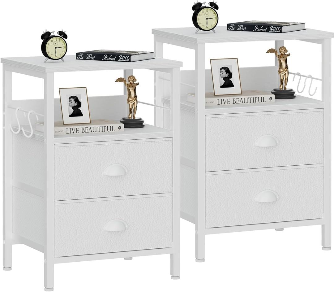 Furologee Nightstands Set of 2, End Table with 2 Fabric Drawers, Night Stand with 2 Hooks, Open Wood Shelf Bedside Table for Bedroom/Living Room/White