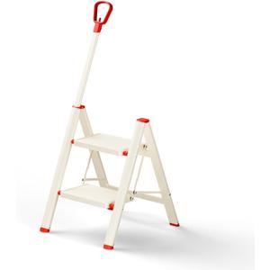 ASPERALD 2 Step Ladder with Single-Handrail,Foldable Step Stool with Anti-Slip Wide Pedals for Home Kitchen Closet,Lightweight Step Folding White (Warm Beige)