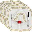 Cotton Linen Placemats Set of 4 - Double Layered, Machine Washable, Wrinkle Resistance, Scalloped & Embroidered Cloth Table Mats - Wedding, Spring mat, Giftable, 19 x 17 inch, Ivory Gold