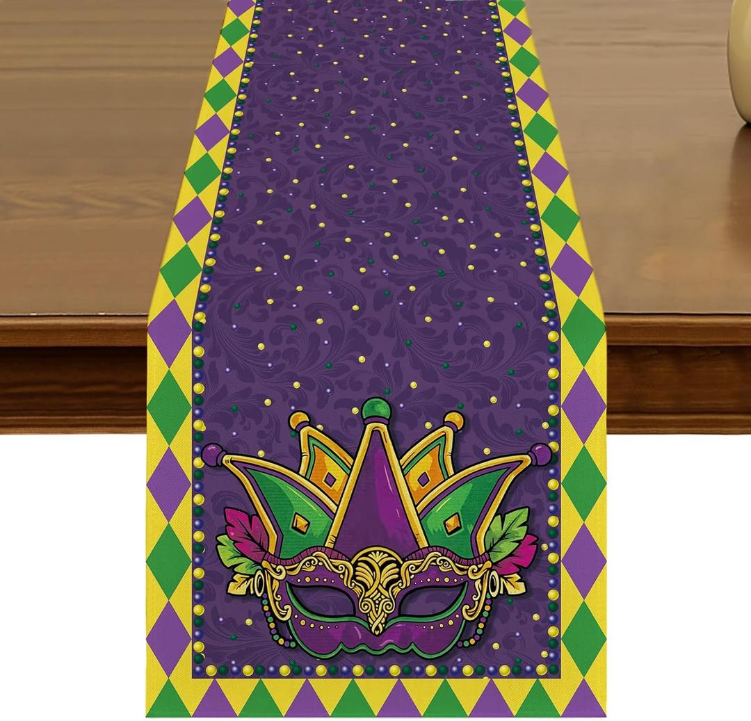Mardi Gras Carnival Table Runner 13x72 Inch Kitchen Dining Seasonal Holiday New Orleans Table Decor for Indoor Outdoor Farmhouse Home Party Decoration ZQ161