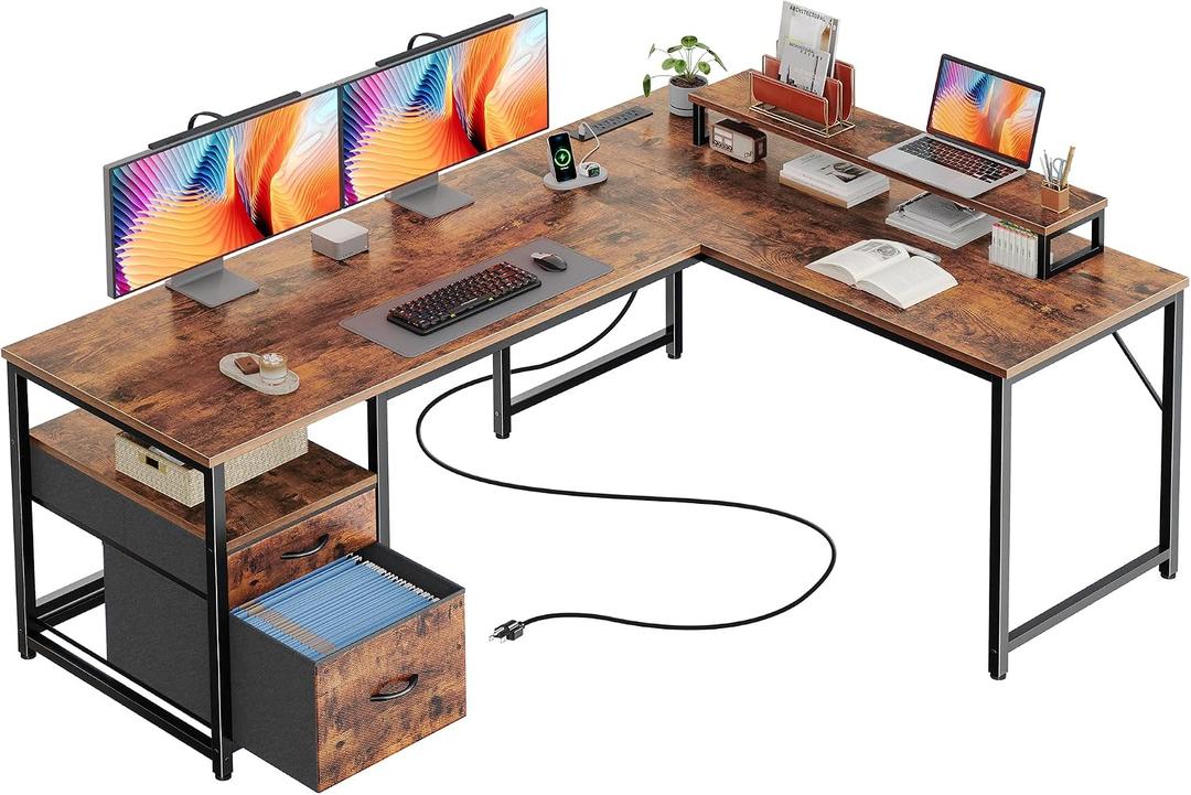 PRAISUN 55 Inch L Shaped Desk with Power Outlets and USB-C Port, Computer Corner Home Office Desk with File Fabric Drawers and Movable Monitor Stand, Larger Storage for Gaming, Study, Rustic Brown