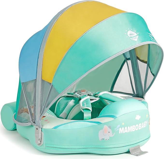Mambobaby Float Add Tail No Flip Over Non-Inflatable Baby Swim Float Pearl Foam Solid Water Floats Smart Swim Trainer Infant Pool Float Swim Ring with Sun Canopy (Y)