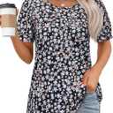 Womens Summer Short Sleeve Tops Pleated Shirts Crewneck Outfit Puff Sleeve Blouses Casual Tunic Blue Flower (X-Large, Black White Flower)