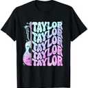 Girl Retro Taylor First Name Personalized Groovy 80's Pink T-Shirt Black