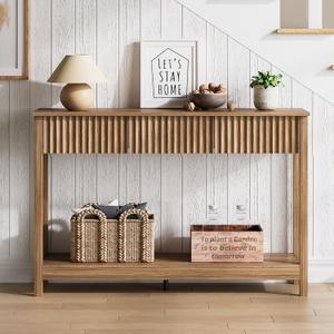 Treocho 47" Console Table with Drawers, Fluted Narrow Entryway Table with Open Shelf, Farmhouse Sofa Table Behind Couch for Hallway, Living Room, Brown, 1 Tier