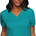 Med Couture Women's V-Neck Scrub Top, Modern Fit Tuck-in Top with Stretchy Rib-Knit Shoulders and Chest Pocket - MC7448 (Teal, M)