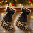Soulchen 1 Pieces 20 Inch Large Leopard Christmas Stockings with Bow Leopard Brown Plush Faux Fur Fireplace Hanging Stockings Christmas Ornaments for Xmas Tree Gift Filled Holiday Party Decorations