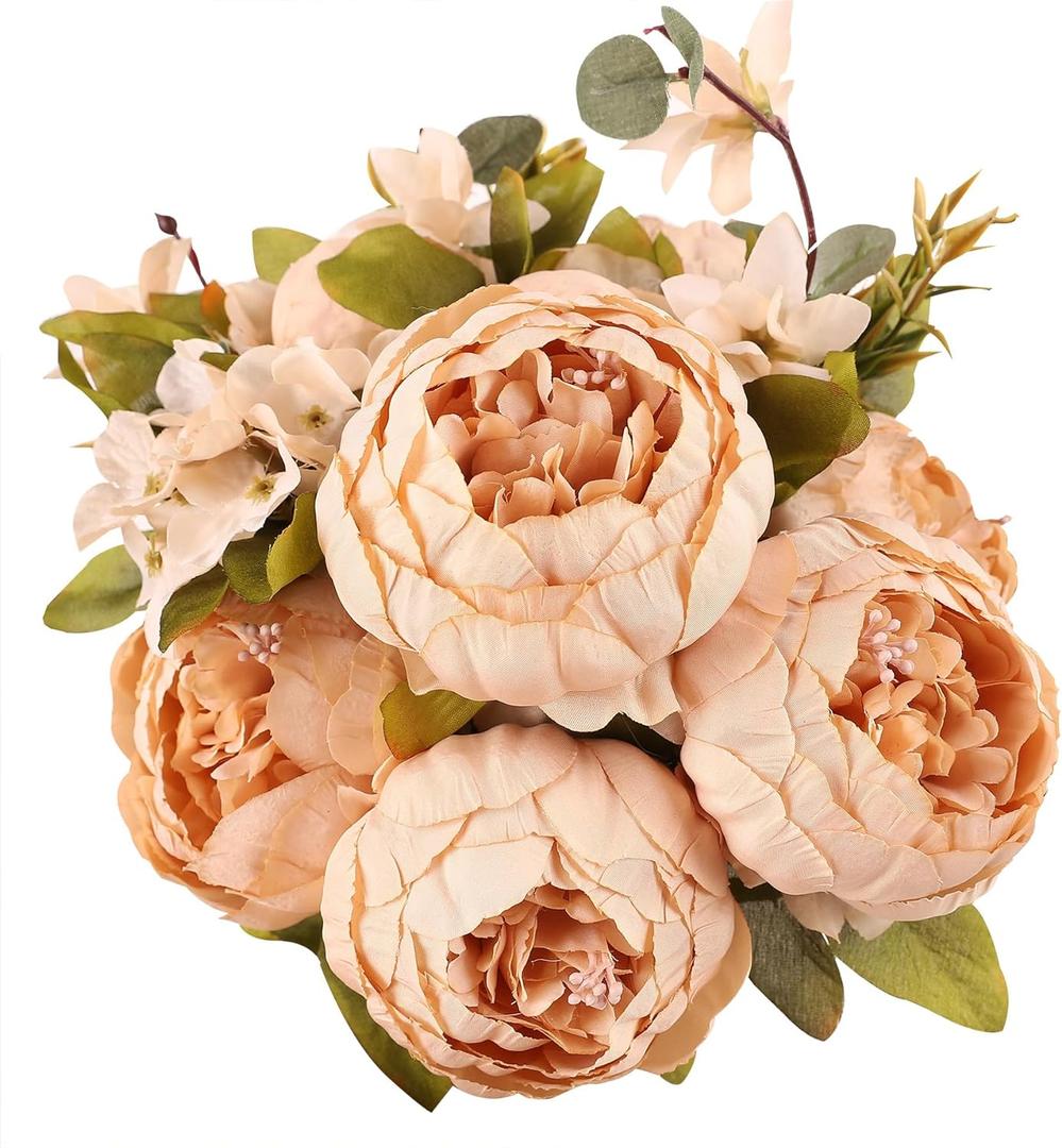 Duovlo Artificial Peony Silk Flowers Fake Flowers Vintage Wedding Home Decoration,Pack of 1 (Light Champagne) (20.87*3.5)