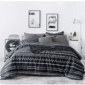 SUSYBAO Black Aztec Duvet Cover Queen 100% Cotton 3 Pcs Set 1 Black and White Boho Geometric Duvet Cover with Zipper Ties 2 Pillowcases Vintage Bohemian Striped Bedding Set Soft Breathable (Queen (90 In x 90 In))
