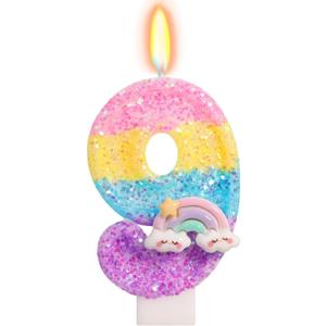 Rainbow Candles for Cakes, Number 9 Candle Rainbow Cake Topper for 9th Birthday Decorations for Girls, On Cloud 9 Birthday Decorations