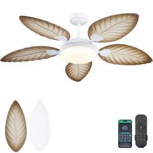 PHORUS 52" Palm Leaf Ceiling Fans with Lights, Outdoor Tropical Ceiling Fans with Remote for Patios Living Room, Dimmable, 6 Speeds, Reversible, Wood Grain