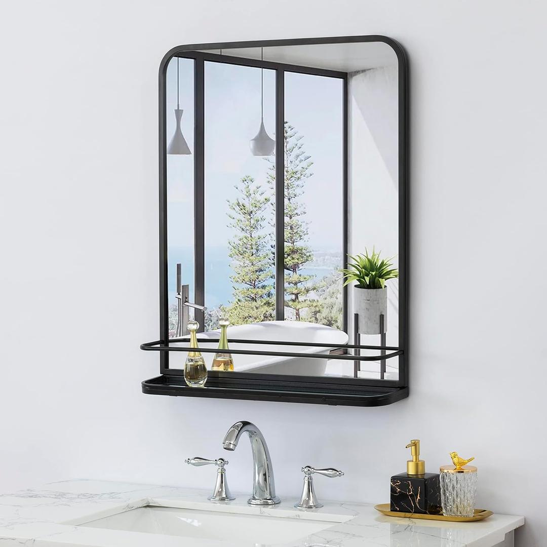 Black Metal Framed Bathroom Mirror with Shelf 30.7x25.2 Inch Farmhouse Wall Mounted Vanity Mirror Modern Rectangle Matte Mirror for Bathroom Wall Anti-Rust