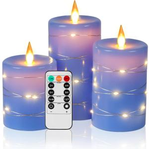 Da by Flameless Candles with String LightsBattery Operated Candles,LED Flickering Candles with Remote Control and Timer, Real Wax, 3 Pack-Blue.