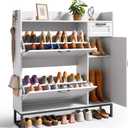 Ahomly 42" White Shoe Cabinet - 2 Flip Drawers (Adjustable), Side Cabinet, Storage Drawer & Open Top - Side Hooks for Shoes & Accessories - Space-Saving Entryway/Hallway Organizer