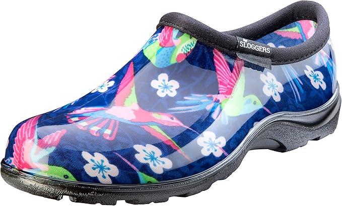 Sloggers Original Waterproof Rain and Garden Shoe for Women– Outdoor Slip-On Garden Clog - Made in The USA with Premium Comfort Insole and Arch Support, Blue/Pink Hummingbird Print, 10