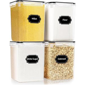HKJ Chef 4 Pack Large Airtight Food Storage Containers with Lids (5.2L / 176oz), BPA Free Plastic Kitchen and Pantry Organization Contianers for Cereal Flour and Sugar Storage, Labels & Marker
