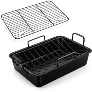 TeamFar Roasting Pan, 16 Nonstick Deep Lasagna Brownie Turkey Pan with V-Shaped Rack & Cooling Rack, with Stainless Steel Core & Nonstick Coating, Healthy & Sturdy Handles, Easy to Clean, Set of 3
