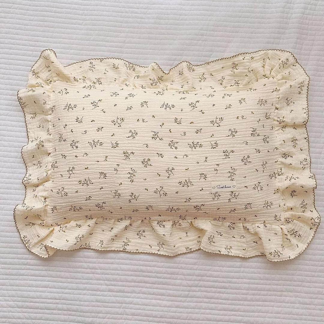 JadeRich 1 Pack Floral Bed Pillow Covers Soft Cozy Breathable All Cotton Yarn 20x30 Inch Ruffle Pillowcases (Olive)