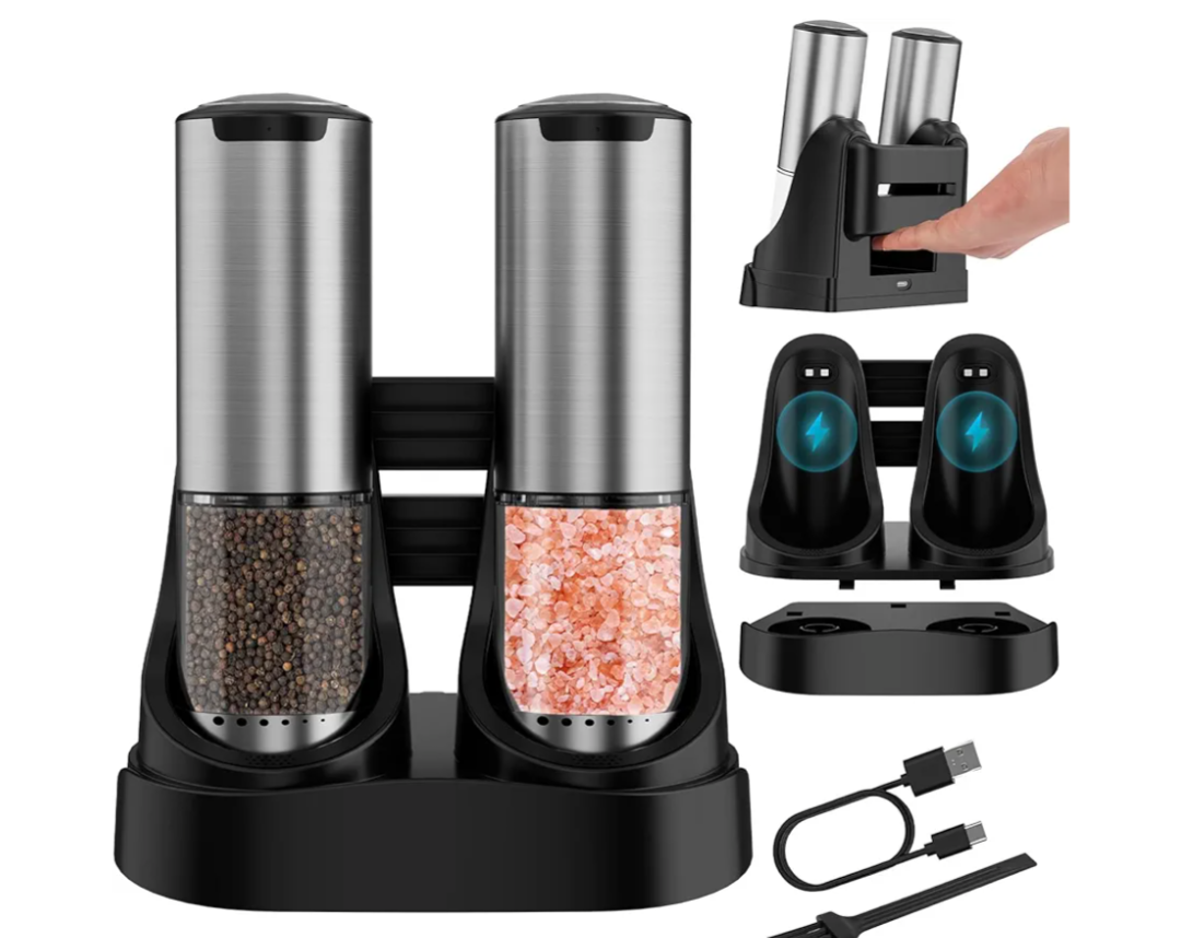 QTDHG Electric Salt and Pepper Grinder Set TypeC Fast Charging, Automatic Salt and Pepper Shakers Adjustable Coarseness, Stainless Steel Rechargeable Salt and Pepper Grinder with LED Light