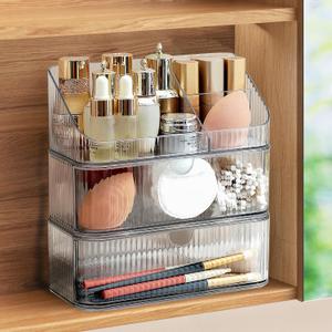Medicine Cabinet Organizer 3 Tier, Stackable Bathroom Mirror Cabinet StorageSmall Makeup Organizers with 2 Drawer and 1 Tray for Wall Cabinet Closet Vanity, Countertop, Clear