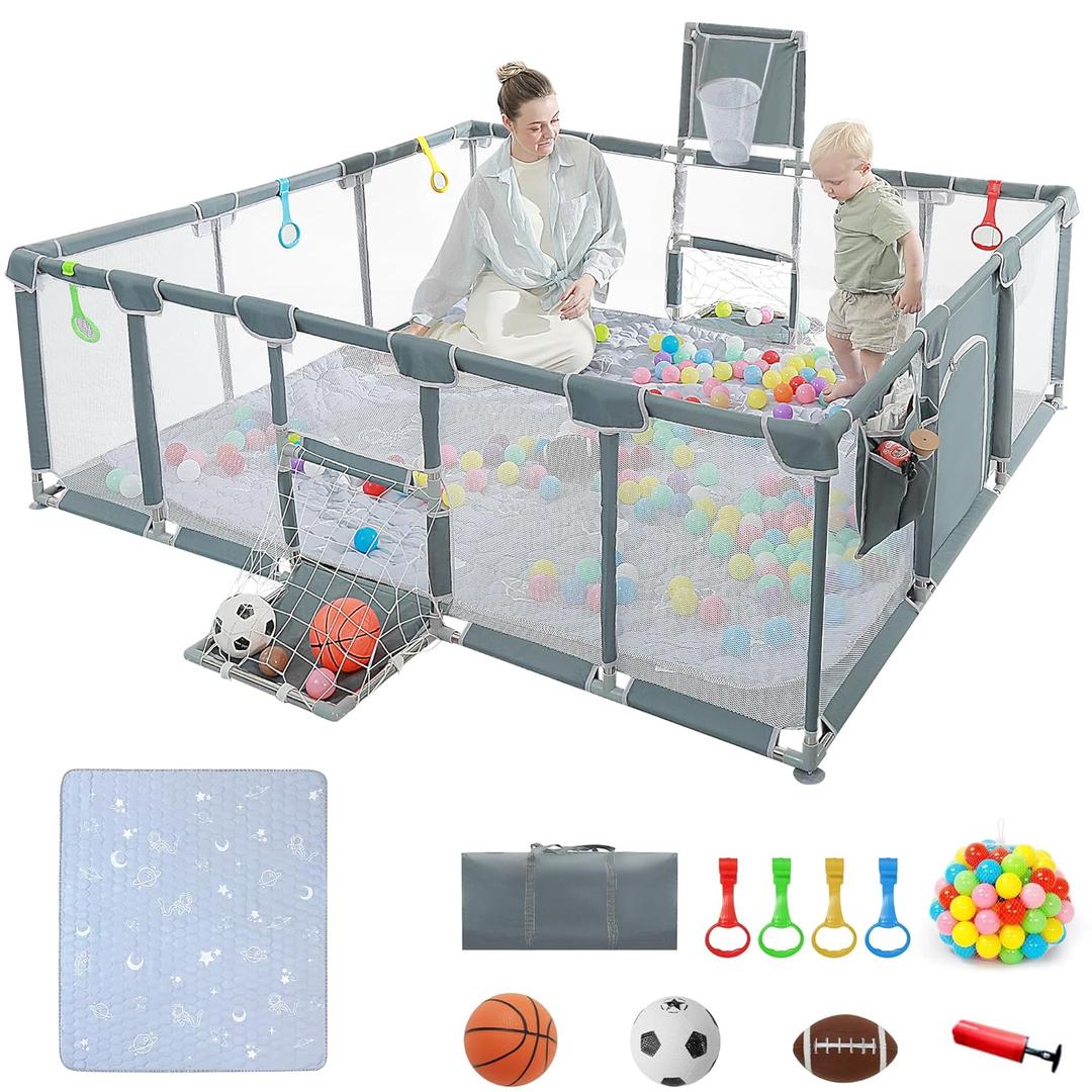 Baby Playpen, 79"x71"Baby Playpen with Mat IndoorOutdoor Playpen for Babies and Toddlers with Breathable Play Pen with Ocean Balls Hanging Pocket Basketball Hoop and Football Goal