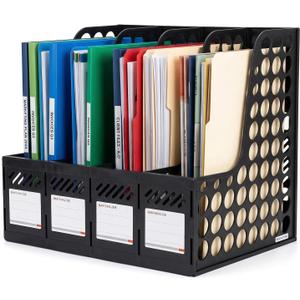 Ysenchan Plastic Magazine File Holder & Desk Organizer, 4 Vertical Compartments File Folder Organizer for Office Classroom Organization, Coloring Book Storage with Sturdy Binder Accessories(Black)