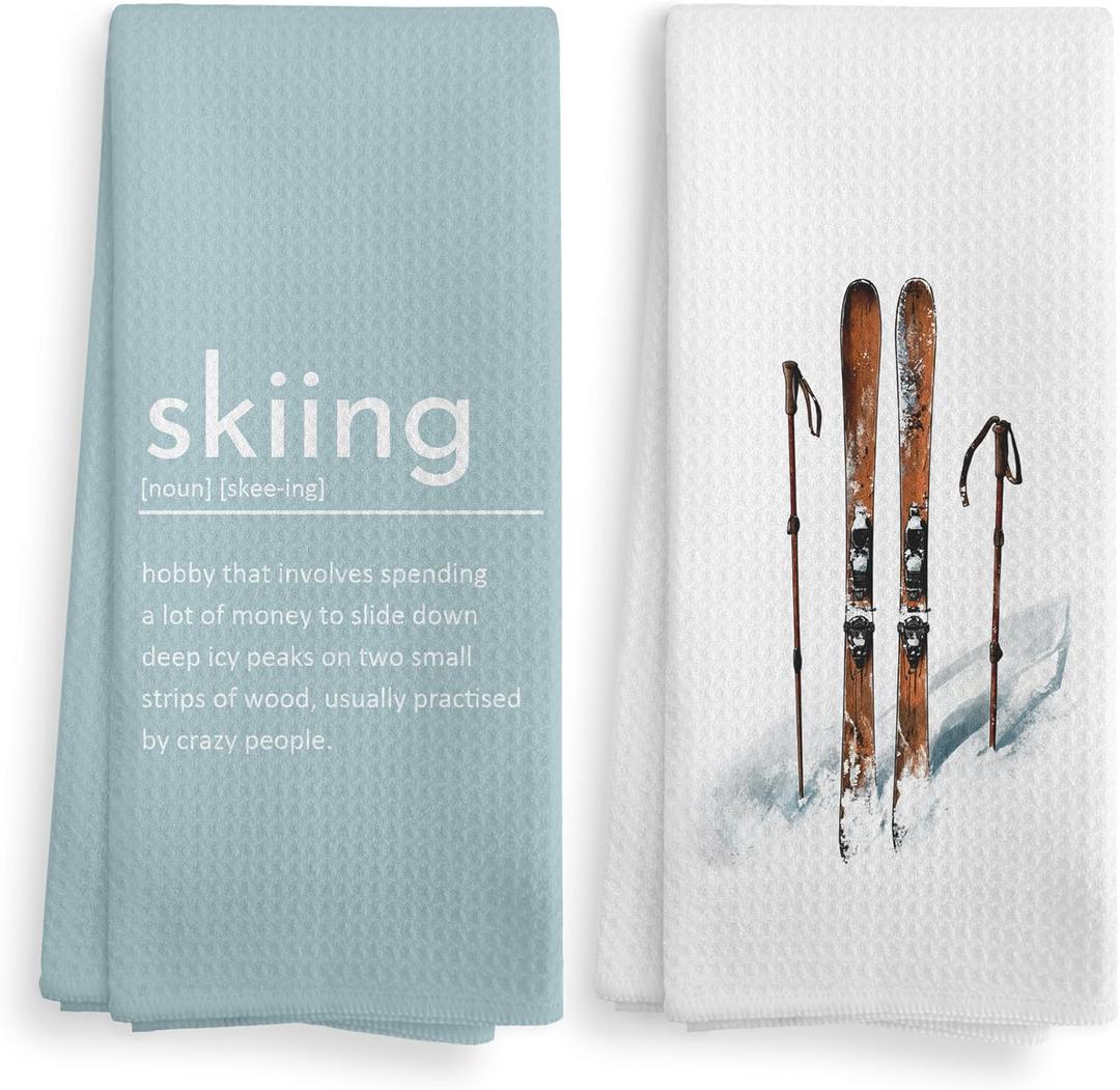 Winter Skiing Definition Kitchen Towels and Dishcloths Set of 2, Ski Skiing Gifts for Skiers, Ski Christmas Ornaments Decor, Teal Blue Kitchen Bathroom Decor Hand Towels Tea Towels, 1624Inch