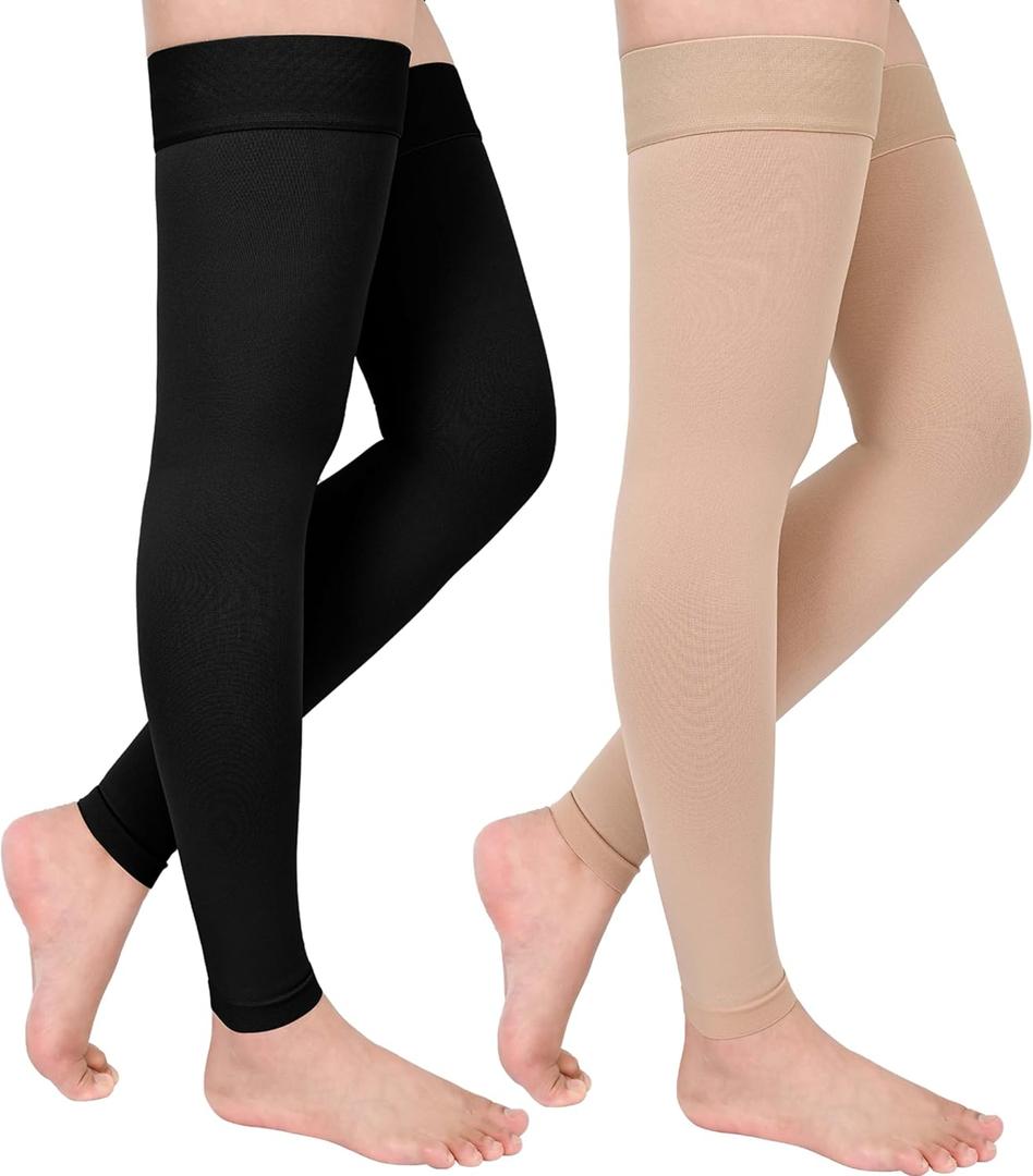 GODORIO 2Pairs 20-30mmHg Thigh High Compression Stockings, Thigh High Compression Socks for Women, Medical Compression Stockings for Varicose Veins, Swelling, Pregnant, Teacher, Doctor (XXL, Footless-Beige+Black)
