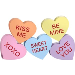 AnyDesign 5Pcs Valentine's Day Conversation Hearts Wooden Table Sign Colorful Heart Wood Tabletop Decoration Love You Be Mine Kiss Me Table Centerpiece Tiered Tray Decor for Wedding Home Shelf Display (Yellow,Orange,Blue,Pink)